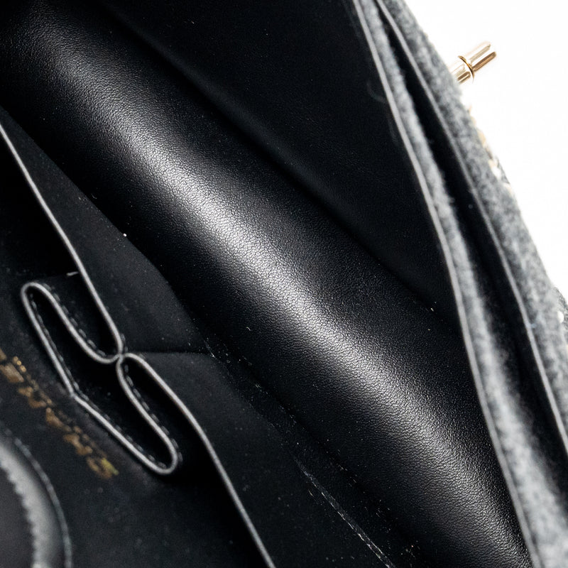 Chanel 21A pearl strass crystal medium classic double flap bag fabric grey LGHW