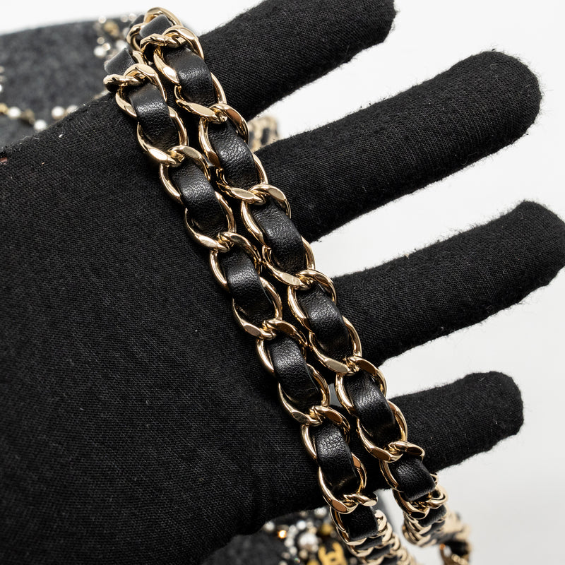 Chanel 21A pearl strass crystal medium classic double flap bag fabric grey LGHW