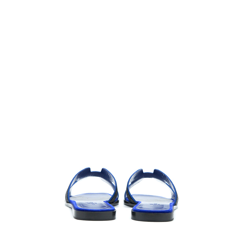 Hermes Size 37 Oran Sandal Crystal/Chevre Velours Black/Blue Saphir