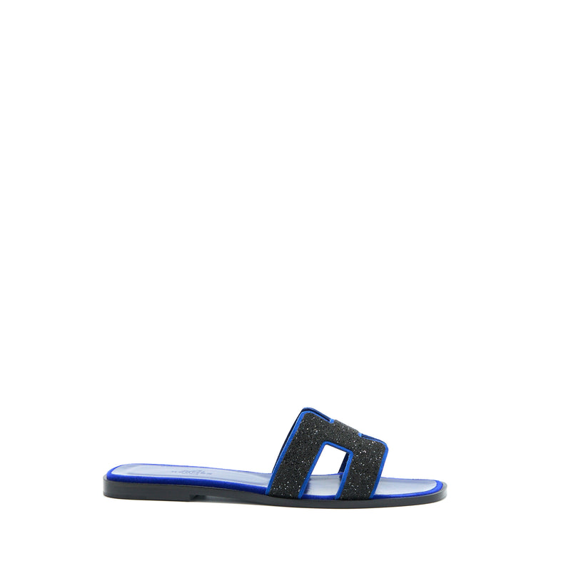 Hermes Size 37 Oran Sandal Crystal/Chevre Velours Black/Blue Saphir