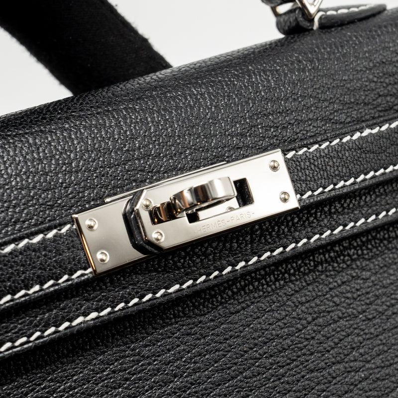 Hermes Mini Kelly II Special Order Chèvre Mysore Black/Gris Perle White Stitching SHW Stamp W