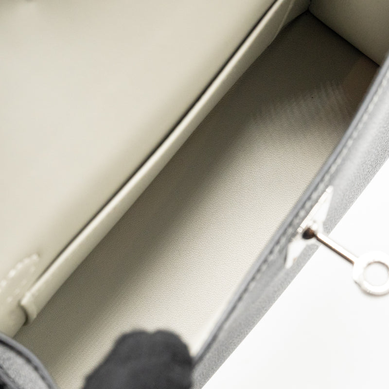 Hermes Mini Kelly II Special Order Chèvre Mysore Black/Gris Perle White Stitching SHW Stamp W