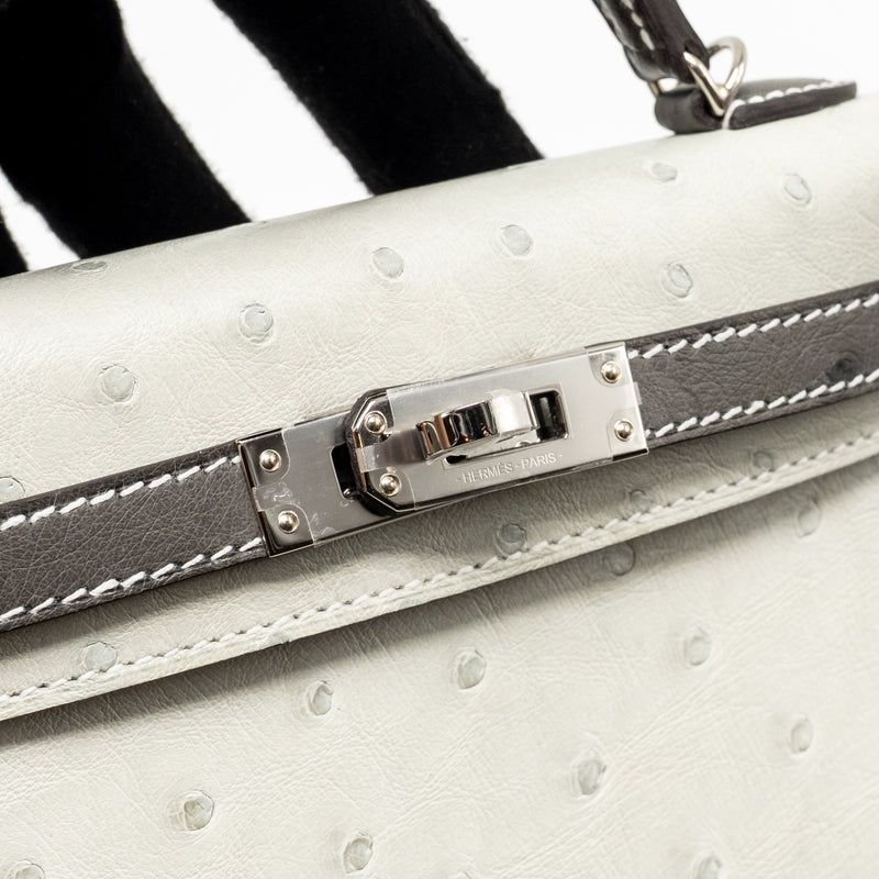 Hermes Mini Kelly II Special Order Ostrich Gris Perle / Graphite SHW Stamp W