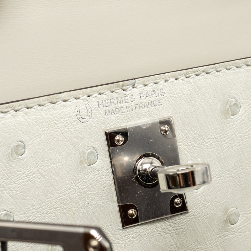 Hermes Mini Kelly II Special Order Ostrich Gris Perle / Graphite SHW Stamp W
