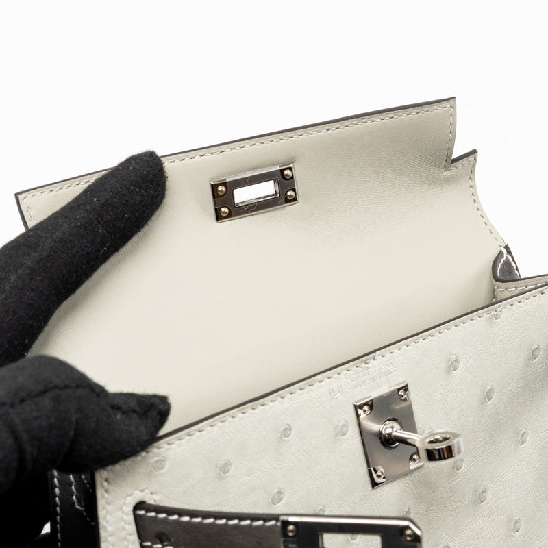 Hermes Mini Kelly II Special Order Ostrich Gris Perle / Graphite SHW Stamp W