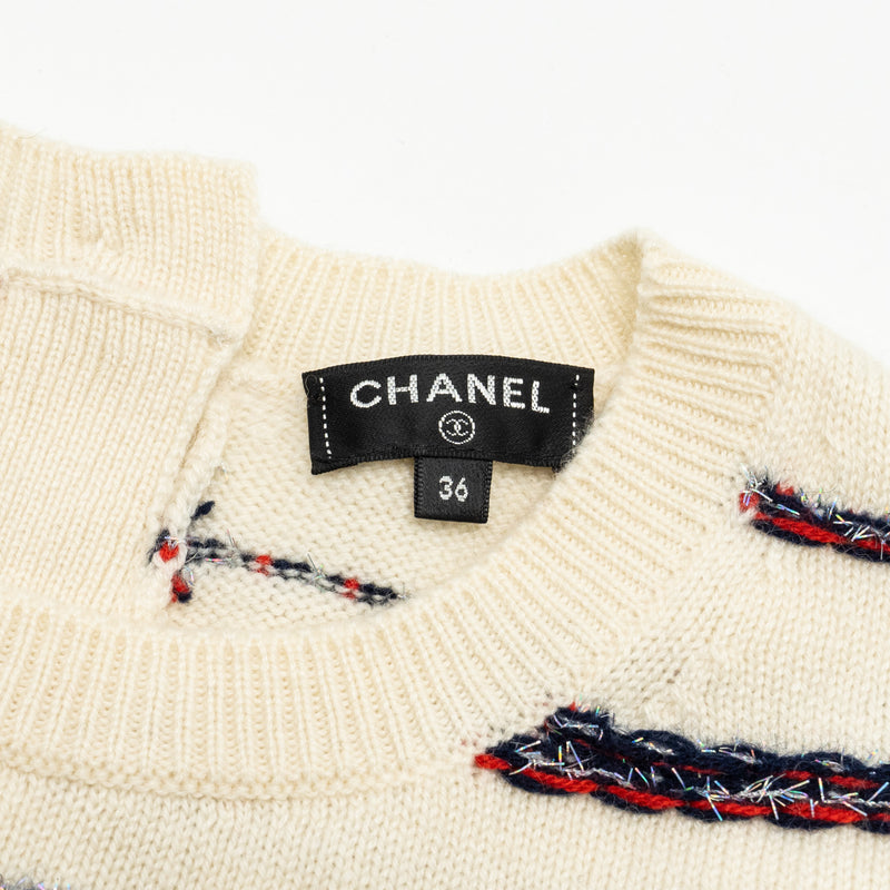 Chanel 20S Size 36 Stripe Pullover / BackButtons Cardigan Cashmere White/Multicolour