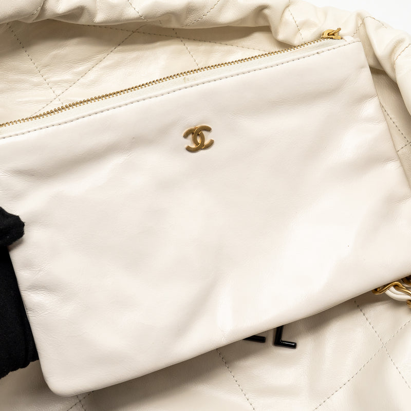 Chanel Small 22 Bag with Black Letter Logo Calfskin White GHW (Microchip)