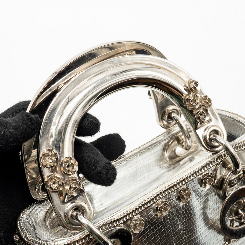 Dior Mini Lady Dior Flower Studded Metal Handle Lizard Silver SHW