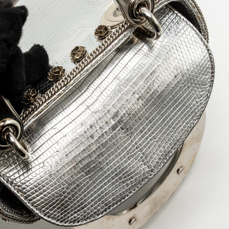 Dior Mini Lady Dior Flower Studded Metal Handle Lizard Silver SHW