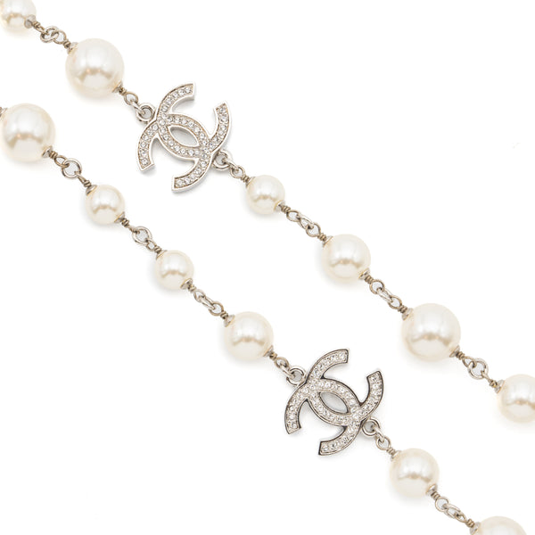 Chanel Pearl and CC with Crystal Long Necklace Silver Tone