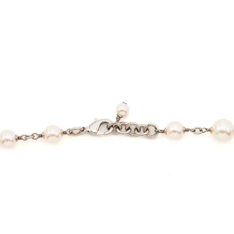 Chanel Pearl and CC with Crystal Long Necklace Silver Tone