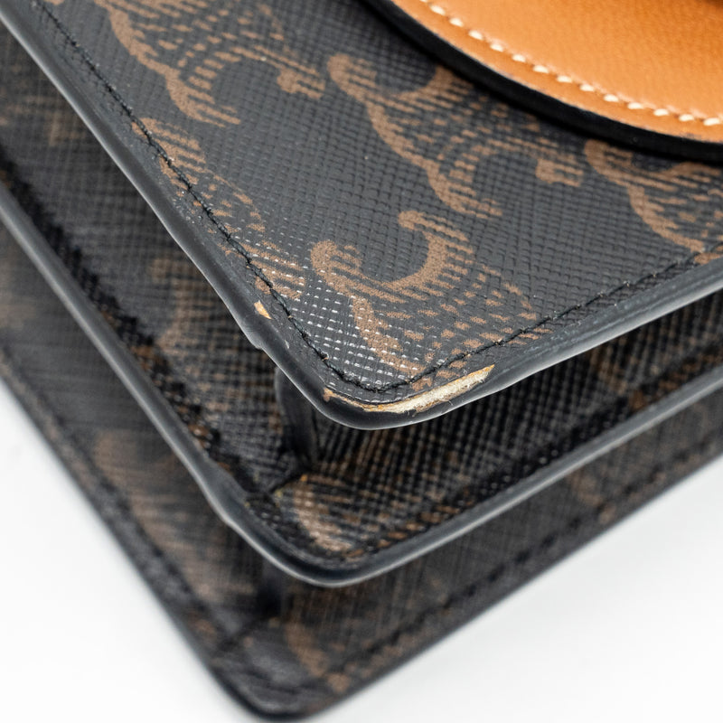 Celine Wallet on strap Triomphe Canvas / Smooth Lambskin Tan GHW