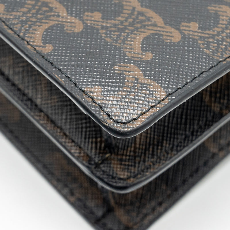 Celine Wallet on strap Triomphe Canvas / Smooth Lambskin Tan GHW