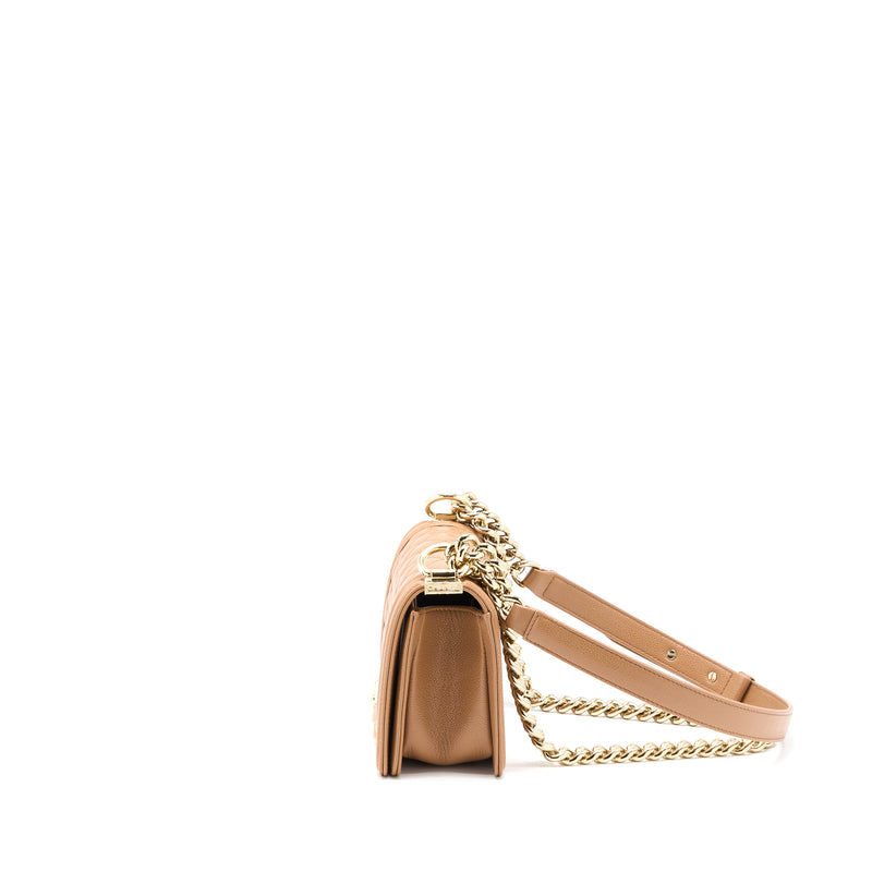 Chanel 21K Small Boy Bag Caviar Camel LGHW (Microchip)