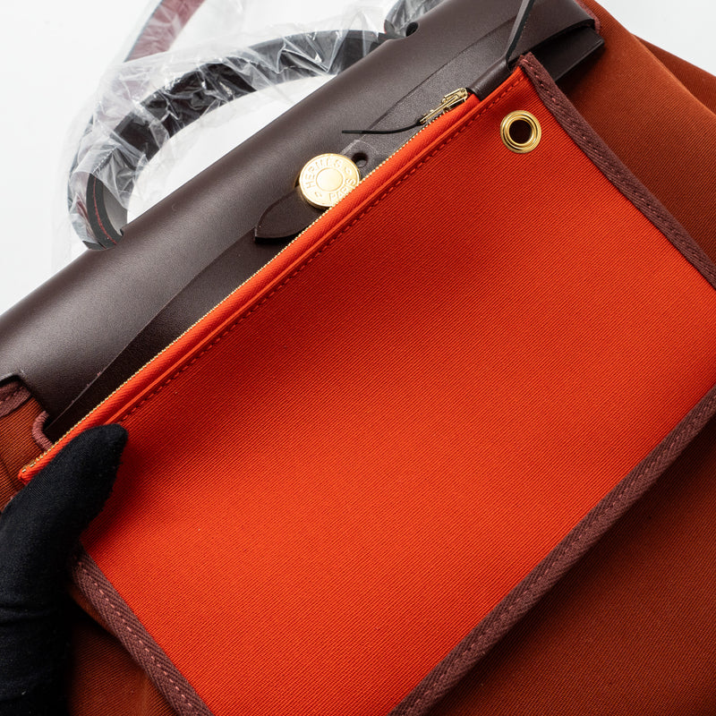 Hermes herbag zip 31 bag canvas / hunter leather Cuvier / orange Mecano/ rouge sellier GHW stamp B