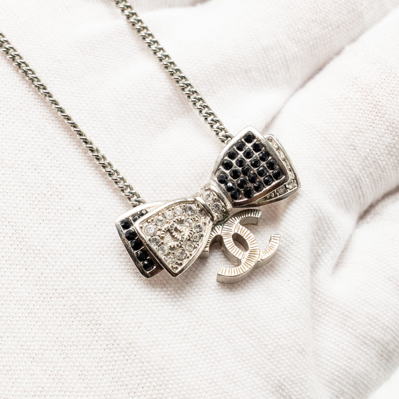 Chanel Bow/CC Logo Drop Necklace with Crystal Silver Tone