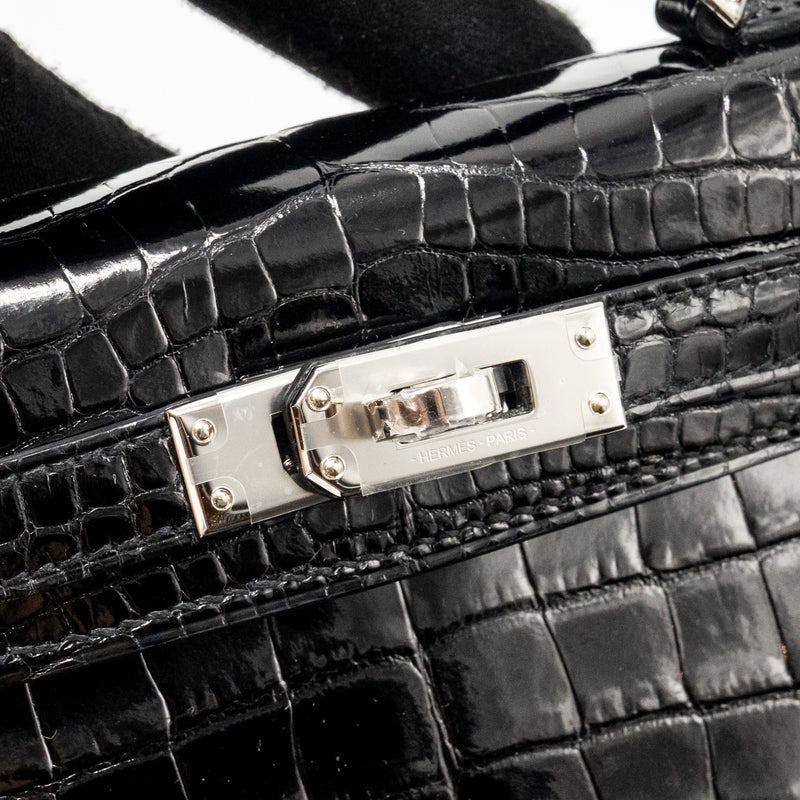 Hermes Mini Kelly II Shiny Alligator Mississippiensis Black SHW Stamp W