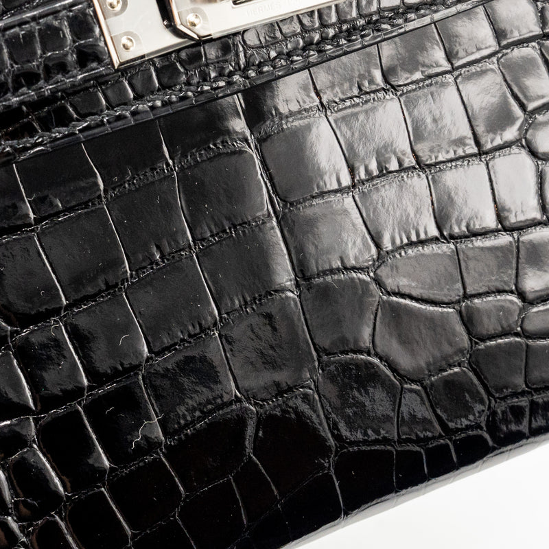 Hermes Mini Kelly II Shiny Alligator Mississippiensis Black SHW Stamp W