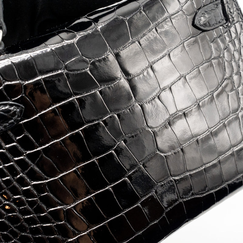 Hermes Mini Kelly II Shiny Alligator Mississippiensis Black SHW Stamp W