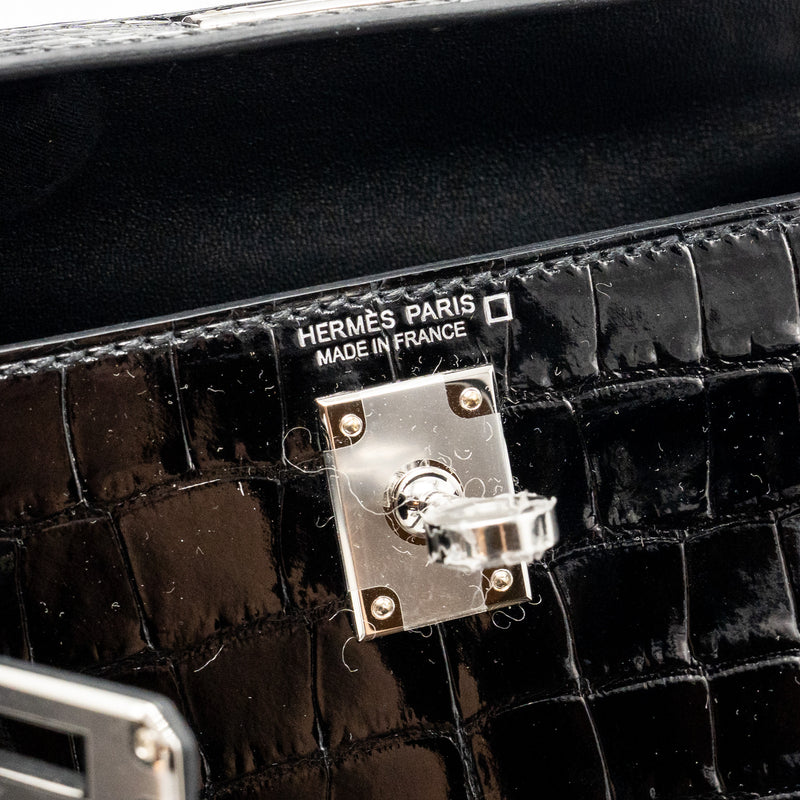 Hermes Mini Kelly II Shiny Alligator Mississippiensis Black SHW Stamp W