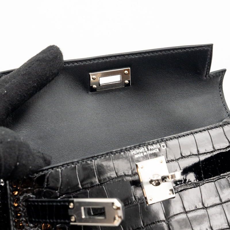 Hermes Mini Kelly II Shiny Alligator Mississippiensis Black SHW Stamp W