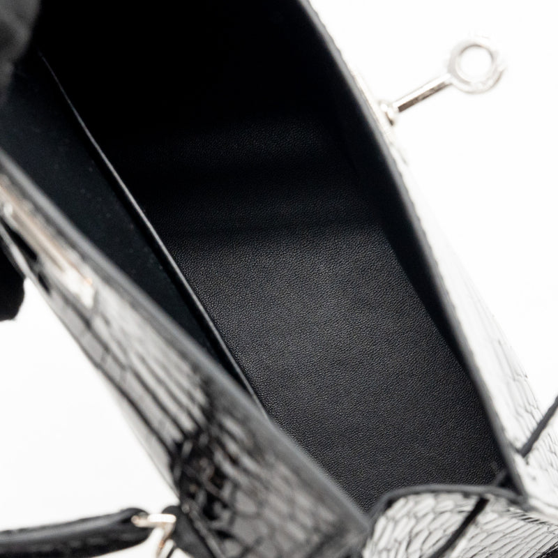 Hermes Mini Kelly II Shiny Alligator Mississippiensis Black SHW Stamp W