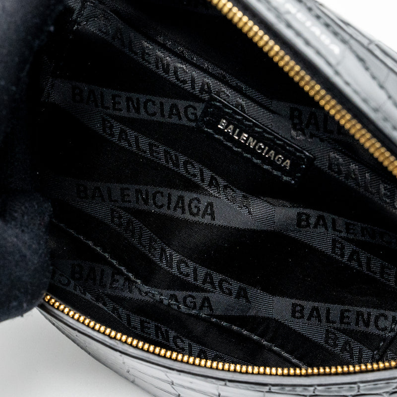 BALENCIAGA SOUVENIR BELT BAG Croc-Embossed Calfskin Black GHW