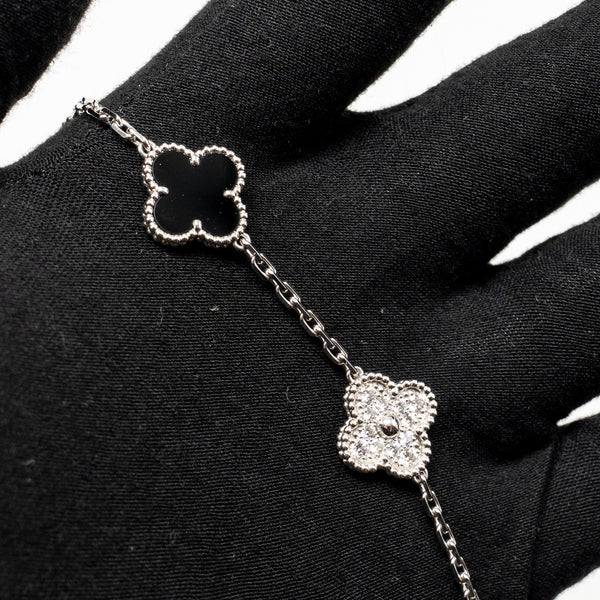 Van Cleef & Arpels Vintage Alhambra Bracelet, 5 Motifs, White Gold/Diamonds/Onyx
