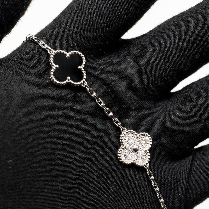 Van Cleef & Arpels Vintage Alhambra Bracelet, 5 Motifs, White Gold/Diamonds/Onyx