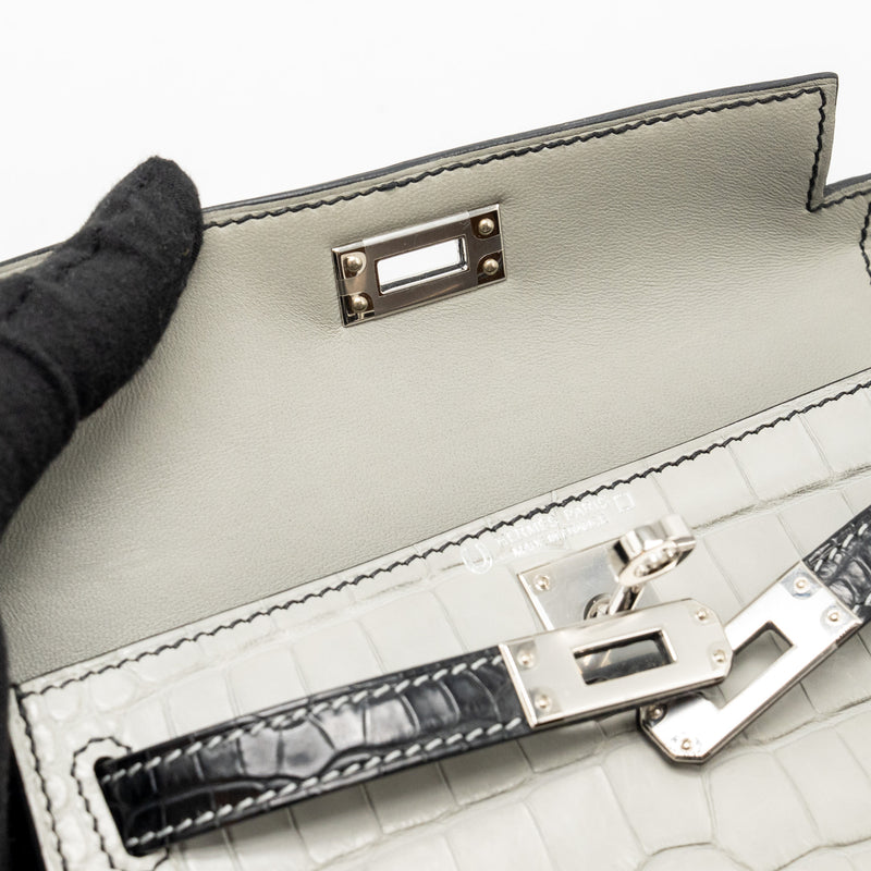 Hermes Mini Kelly II Alligator Mississippiensis Matt Gris Perle / black SHW stamp B