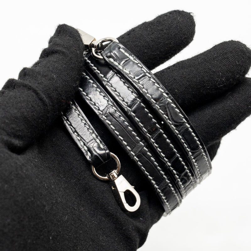 Hermes Mini Kelly II Alligator Mississippiensis Matt Gris Perle / black SHW stamp B