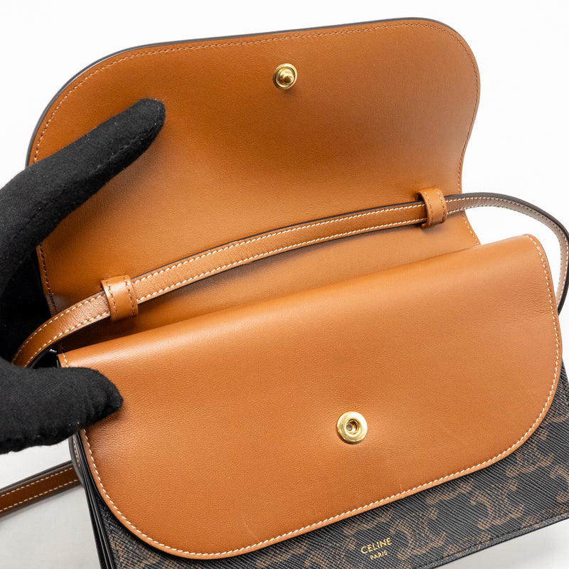 Celine Wallet On Strap Triomphe Canvas / Smooth Lambskin Tan GHW