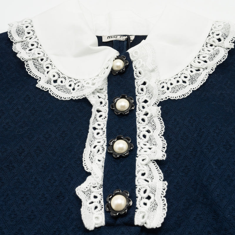 blue dress with white collar MIU MIU Size XS Lace Collar Jacquard Dress With Pearl Cotton/Polyamide