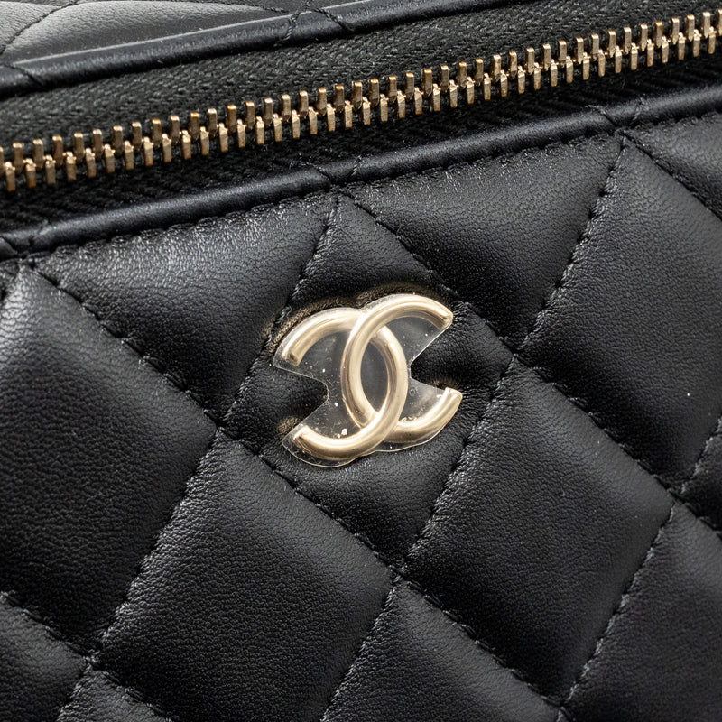 Chanel Top Handle Long Vanity Case with Chain Lambskin Black LGHW (microchip)