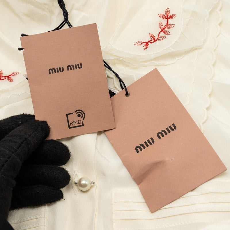 MIU MIU Size 36 Blouse Shirt With Pearl Silk/Cotton White