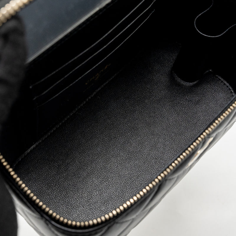 Chanel Top Handle Long Vanity Case with Chain Lambskin Black LGHW (microchip)