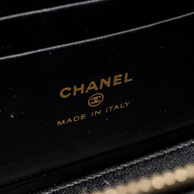 Chanel Top Handle Long Vanity Case with Chain Lambskin Black LGHW (microchip)