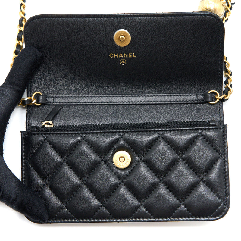 Chanel Pearl Crush Mini Wallet On Chain Lambskin Black Brushed GHW (Microchip)