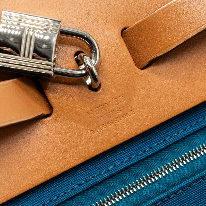 Hermes herbag zip 31 bag canvas / hunter leather blue SHW square Q