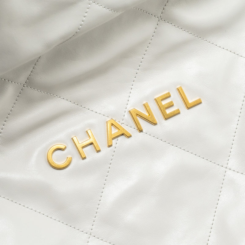 Chanel Medium 22 Bag Gold Letter Shiny Calfskin White GHW(microchip)