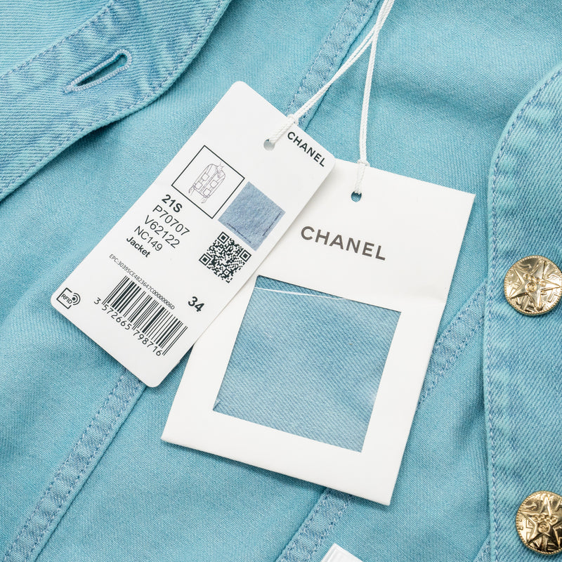 Chanel Size 34 Camellia COCO Button Denim Jacket Cotton Neon Blue