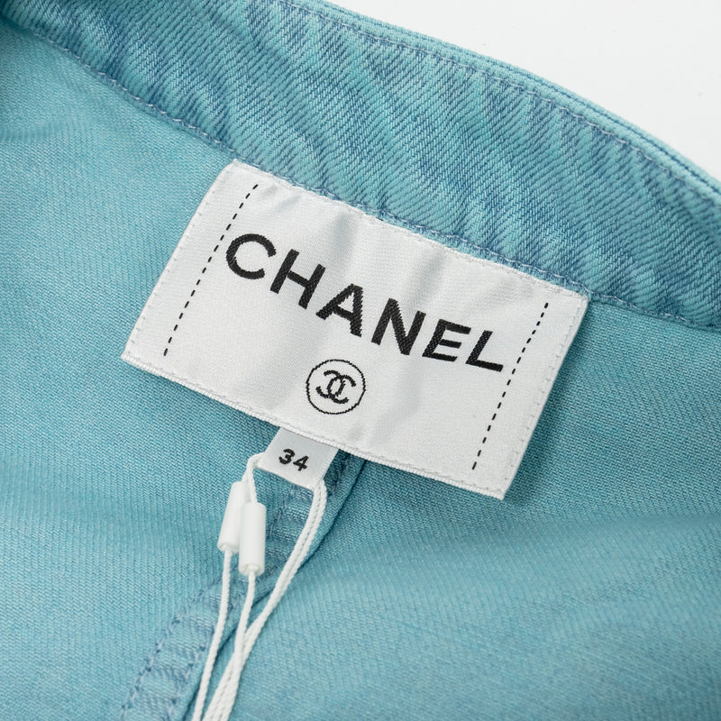 Chanel Size 34 Camellia COCO Button Denim Jacket Cotton Neon Blue