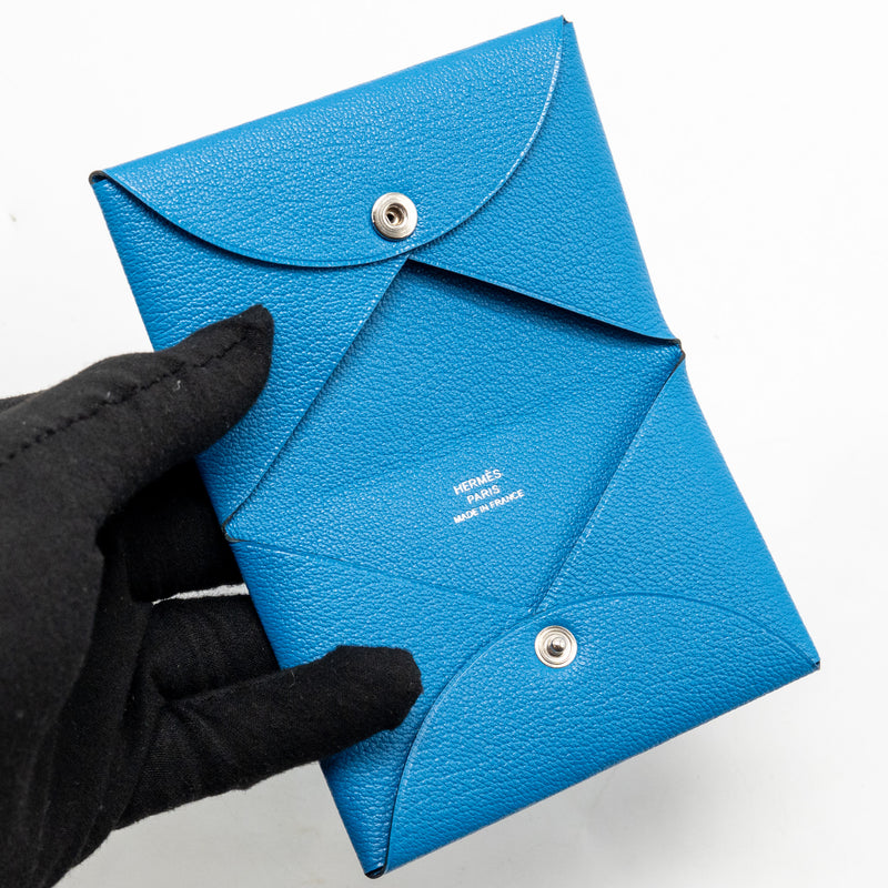 Hermes Special Edition Calvi Card Holder Chevre Mysore Blue Brighton SHW Stamp D