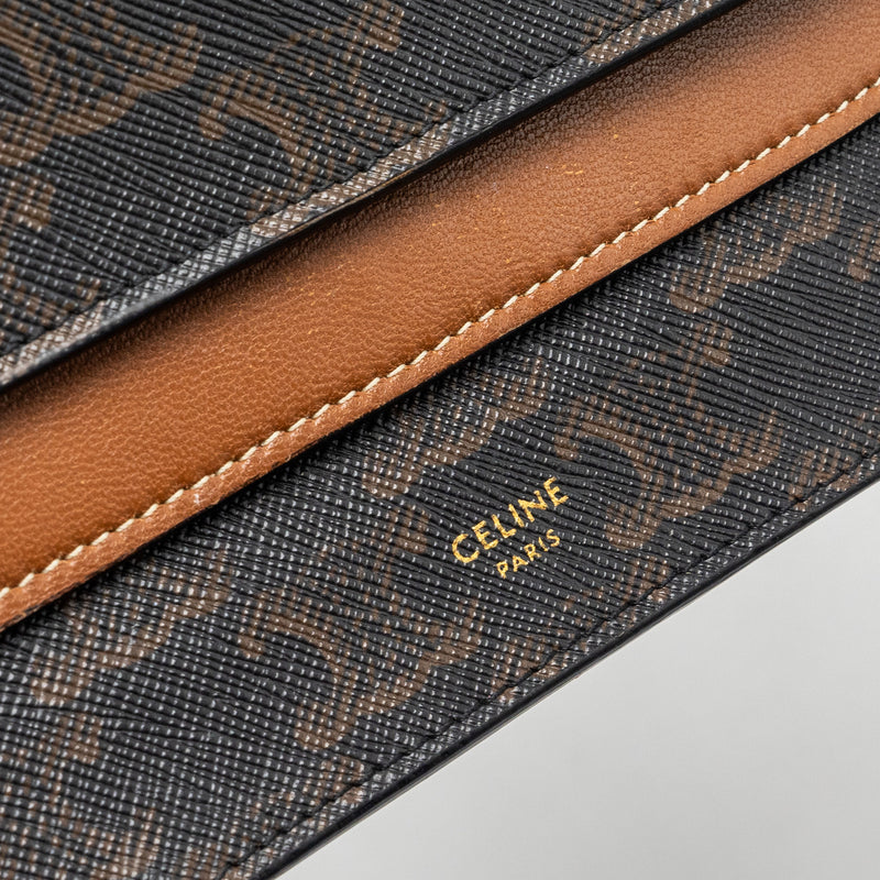Celine Wallet on strap Triomphe Canvas / Smooth Lambskin Tan GHW