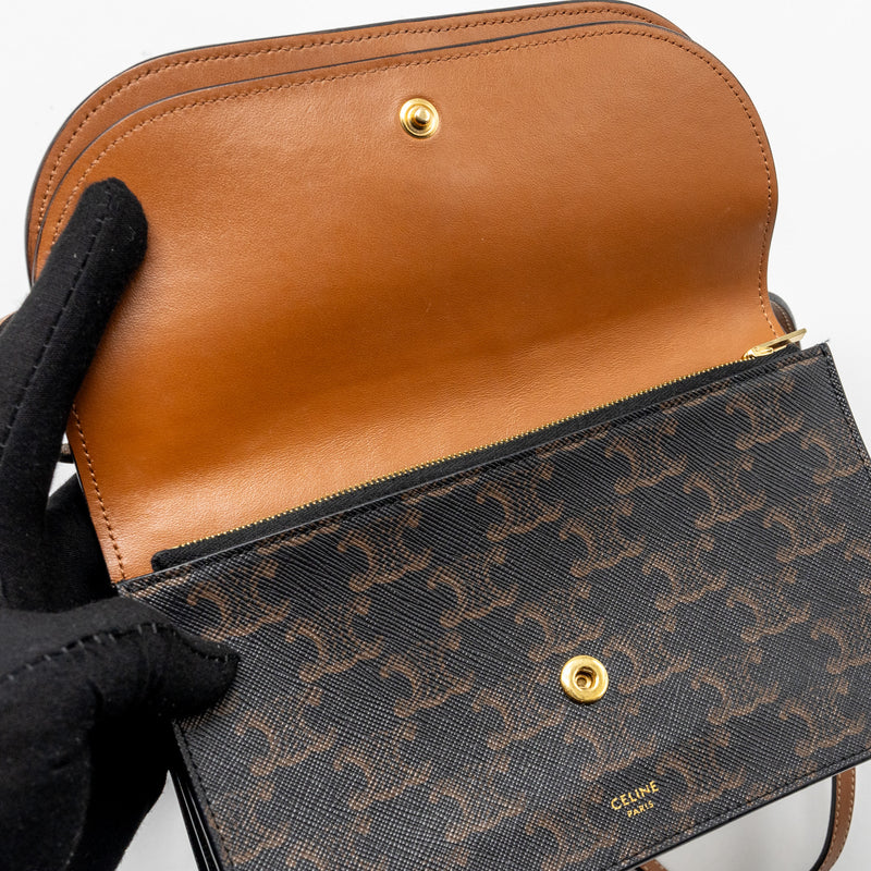Celine Wallet on strap Triomphe Canvas / Smooth Lambskin Tan GHW