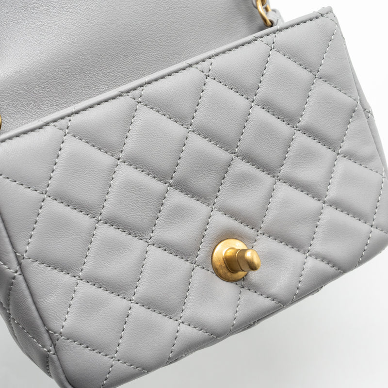 Chanel Pearl Crush Mini Square Flap Bag Lambskin Light Grey GHW(Microchip)