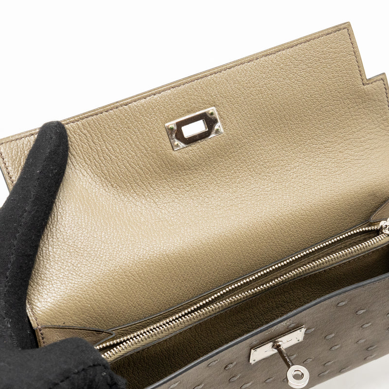 Hermes Kelly Long Wallet Ostrich Gris Tourterelle SHW Stamp T
