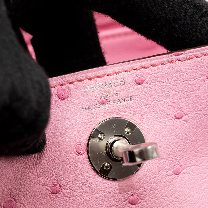 Hermes Mini Lindy Ostrich Rose Bubblegum SHW Stamp W