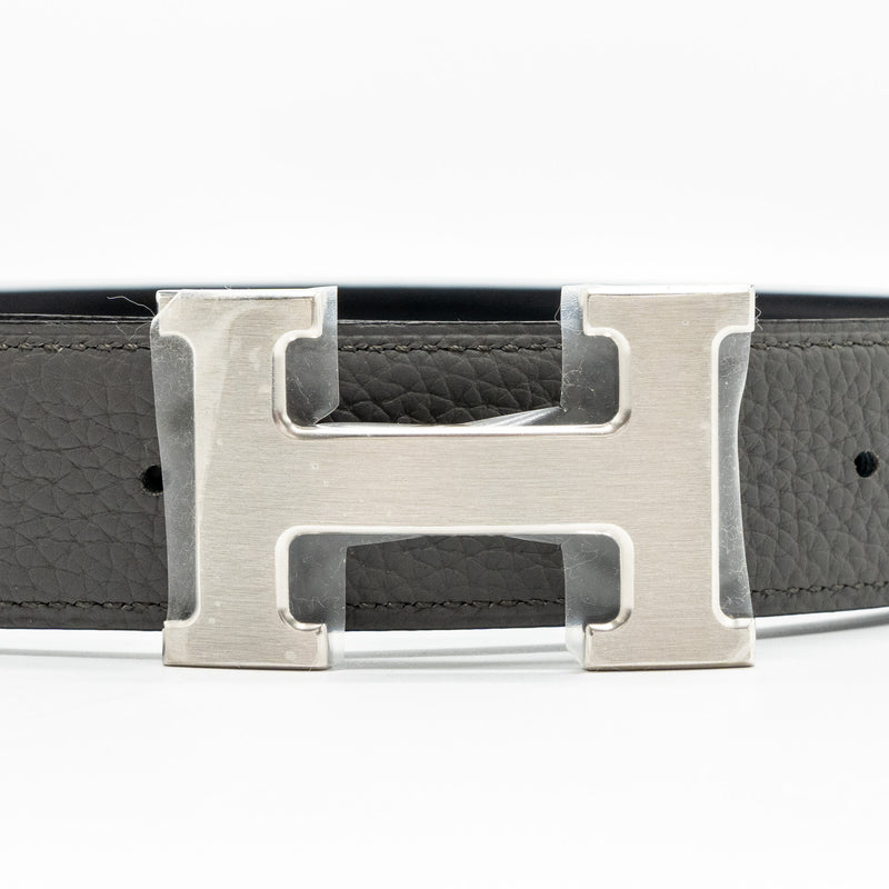 Hermes Size 95 H Buckle Reversible Belt Togo/ Box Grey / Black SHW