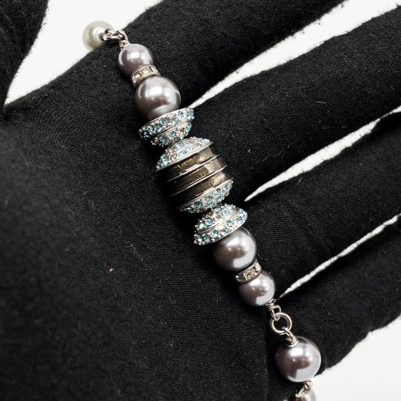 Chanel Crystal/Pearl CC Logo Long Necklace Silver Tone